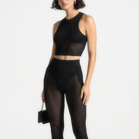 Black Sheer Knit Pants & Crop Top Set - Picture 1 of 4